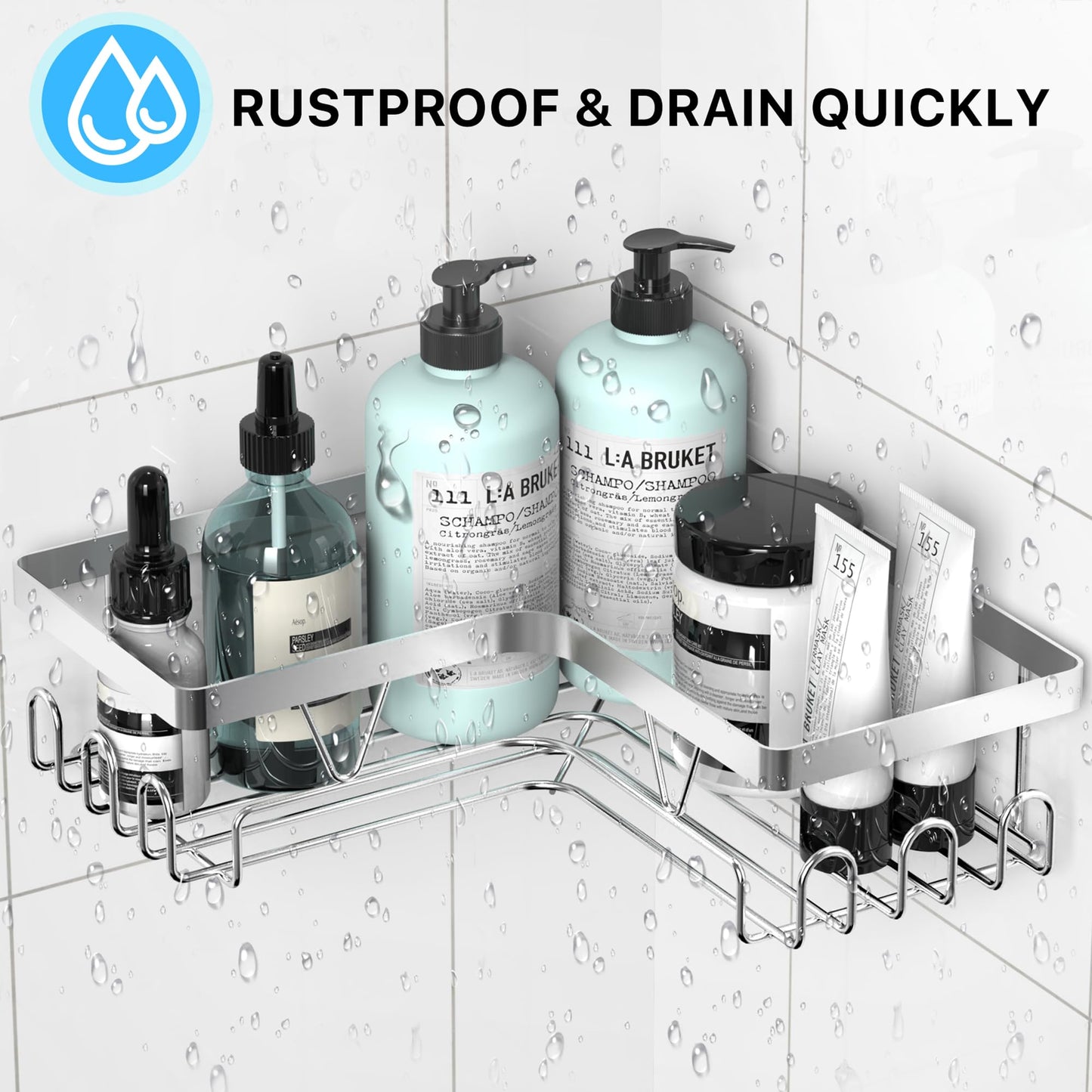 Kegii Corner Shower Caddy, Bathroom Shower Organiser, No Drilling Shower Shelf, Adhesive Shower Storage Rack, Stainless Steel Silver