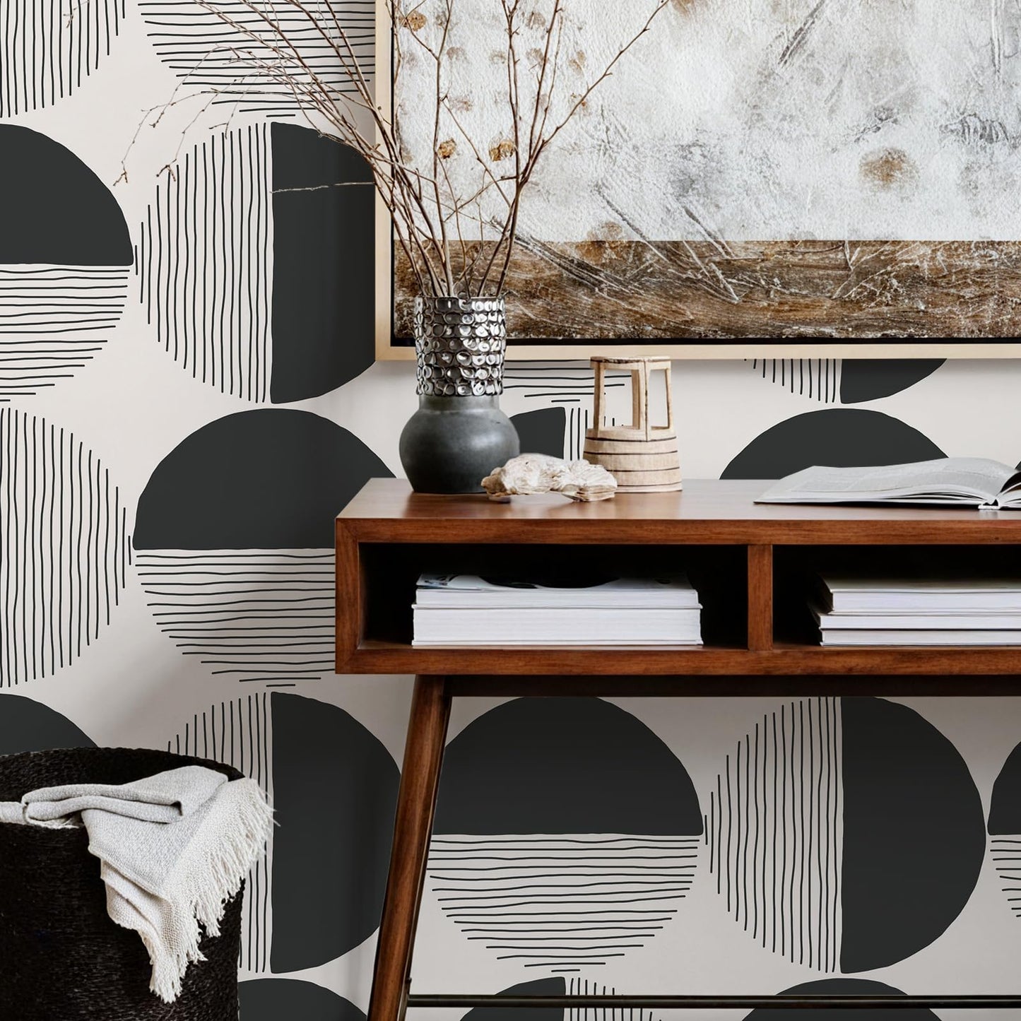 VEELIKE Abstract Circle Geometric Peel and Stick Wallpaper Modern Black Mid Century Wallpaper for Bedroom 17.7''x118'' Self Adhesive Geometric Wall Paper Removable Contact Paper for Cabinets Walls