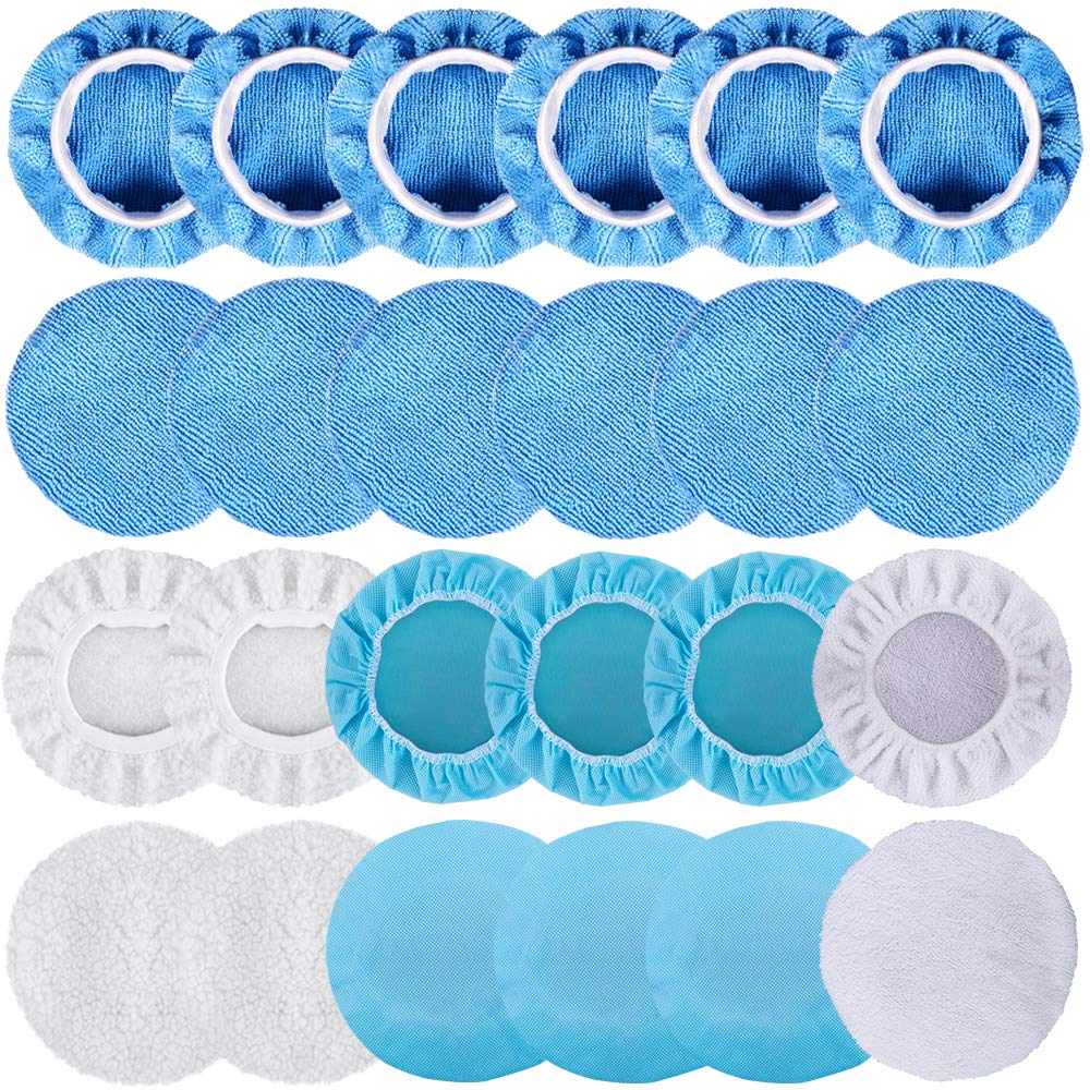 SIQUK 24 Packs Car Polisher Pad Bonnets 5 to 6 Inch Polishing Bonnet with 12 Packs Microfiber Bonnets 4 Packs Waxing Bonnet 6 Packs Non-Woven Buffing Bonnet and 2 Packs Cotton Bonnet