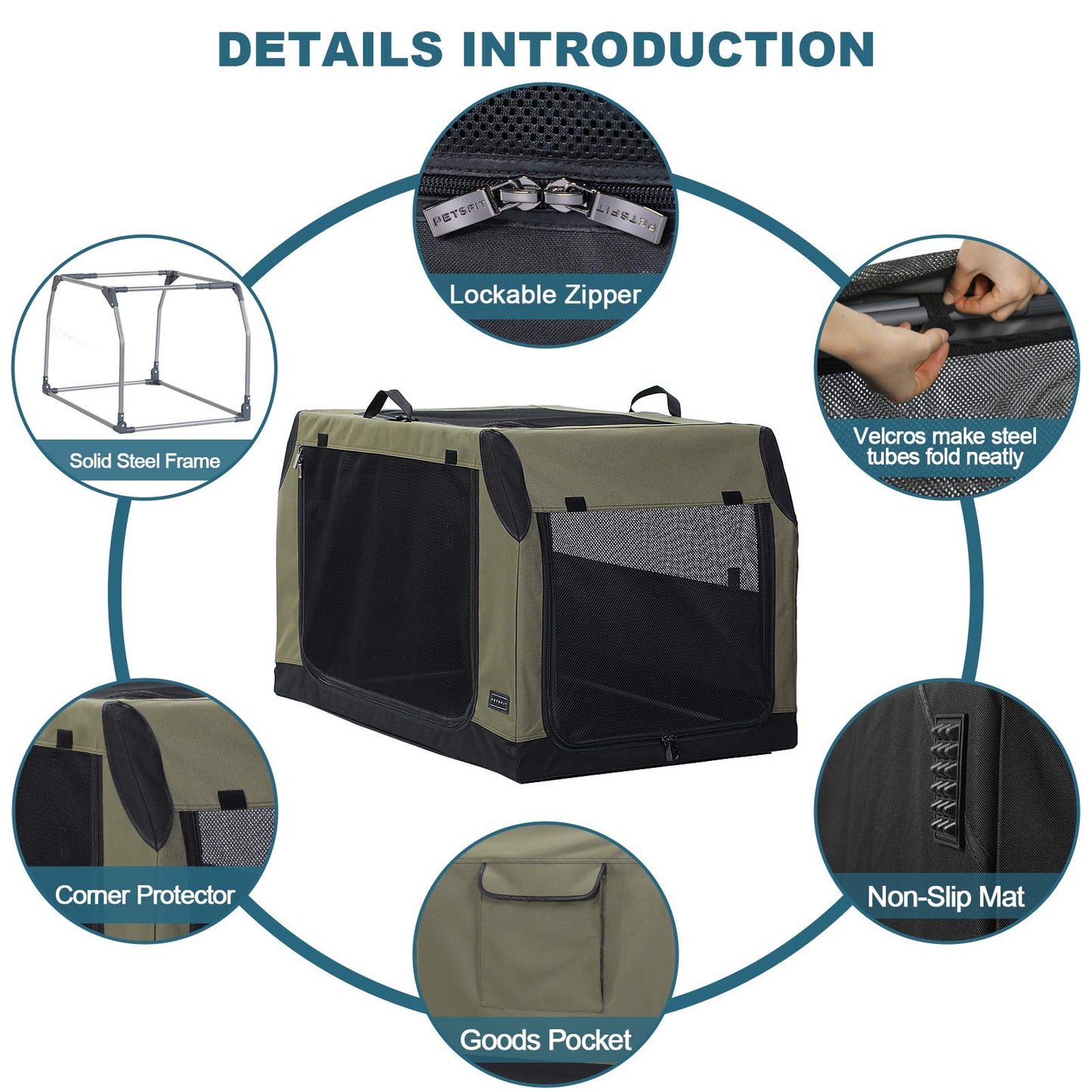 Petsfit Dog Travel Crate for Car, Easy On The Go, Easy to Stow, Adjustable Compatibility, Indoor and Outdoor Lightweight Soft Dog Carrier for Car 76 cm L x 50 cm W x 49 cm H Green