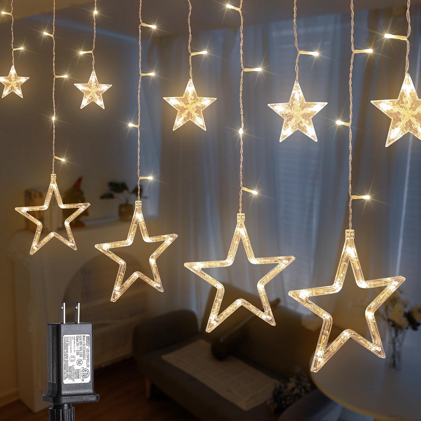 MYGOTO 126L Warm White Star Icicle Lights, 8.2FT Clear Curtain Fairy String with Connectable, Timer 8 Modes Memory, Waterproof Hanging for Christmas,Ramadan,Party,Wedding Indoor Outdoor Decorations