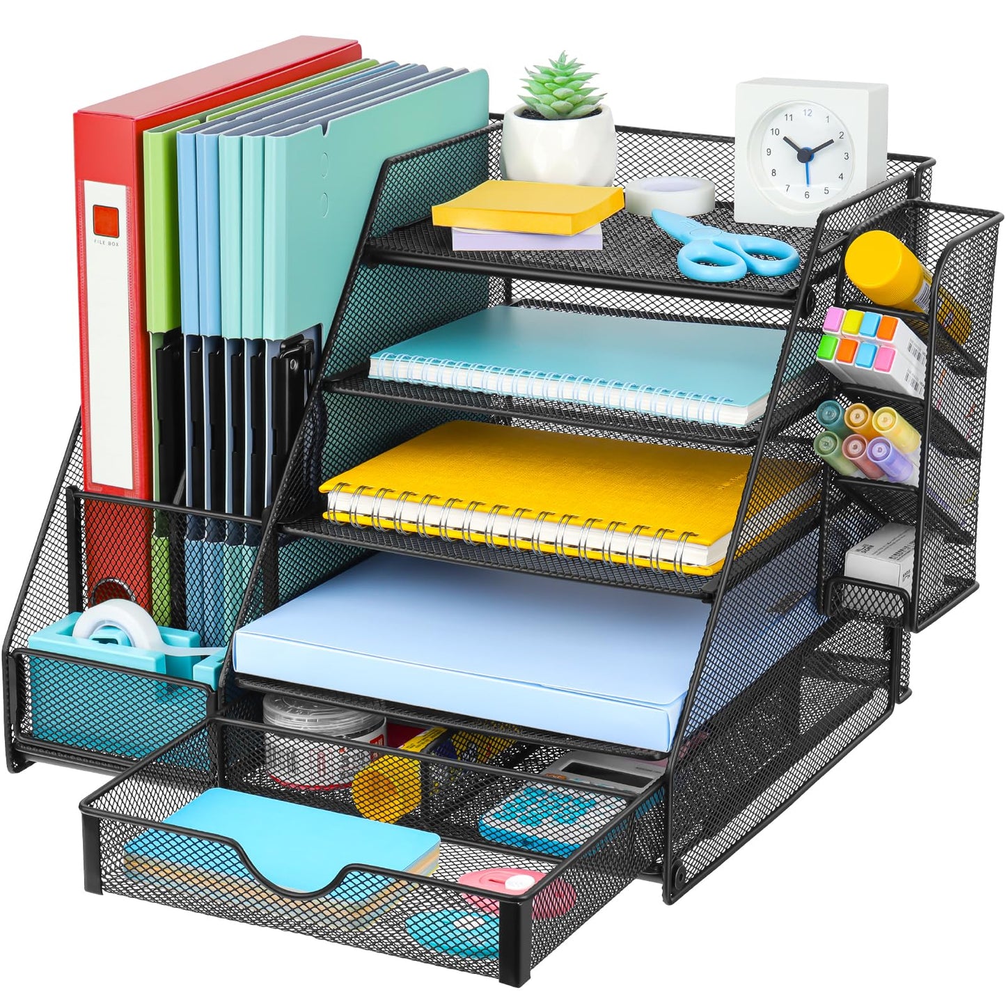 GALASALA Mesh Desk Organizer, 5 Tier Paper Letter Tray with Extra Vertical File Sorter, Sliding Drawer and Pen Holders for Desk Accessories Office Supplies, Black