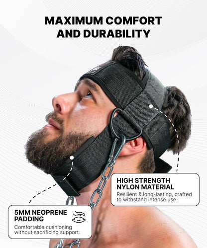 DMoose Fitness Neck Harness for Weight Lifting - Adjustable Head & Chin Strap with 30" Heavy Duty Steel Chain - Neck Exerciser, Trainer & Strengthener to Support Injury Recovery & Intense Workouts
