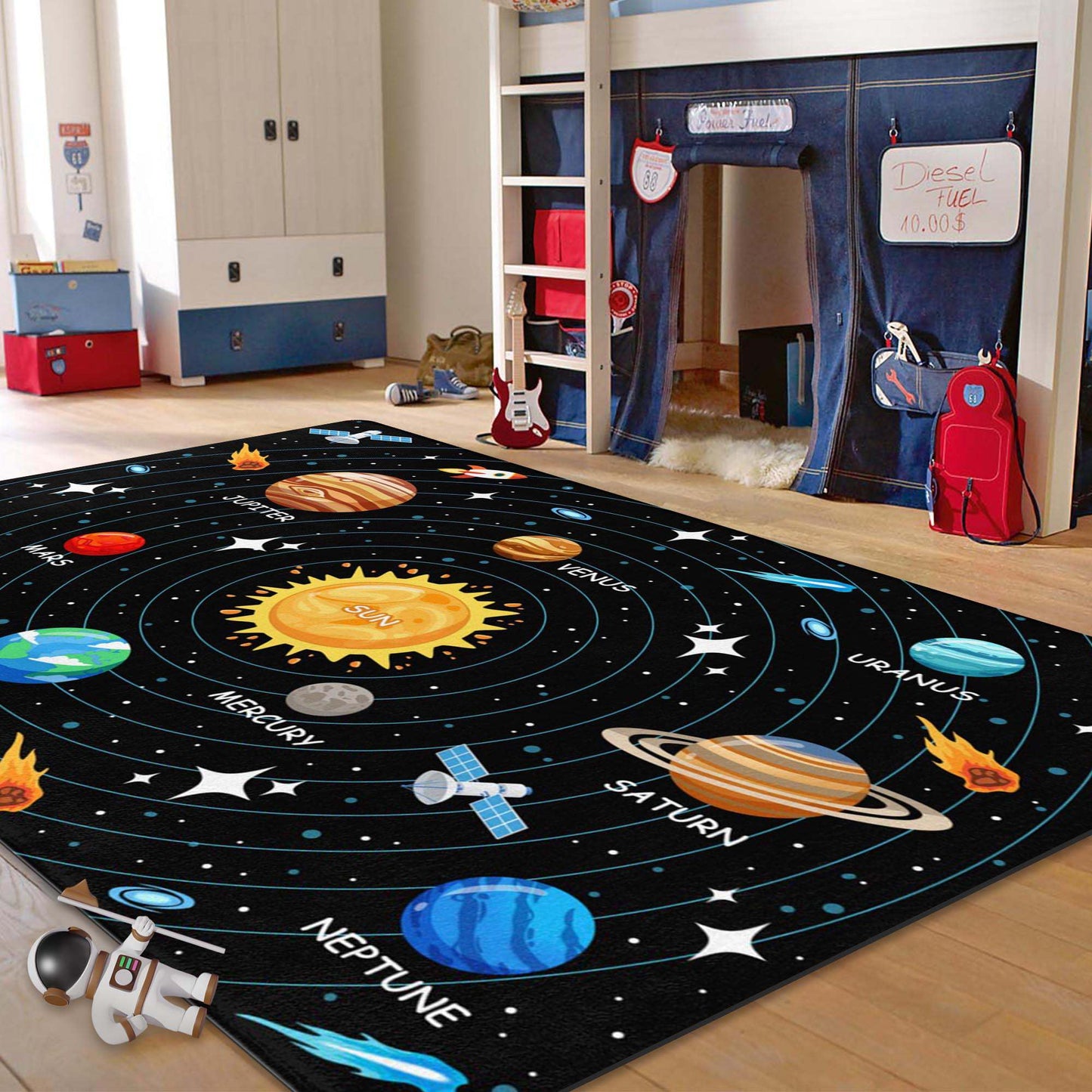 Kids Carpet Outer Space Rug, Solar System Mat 5x7 FT, Fun Game Boy Girl Kids Rug Carpet for Children Bedroom, Space Area Floor Mat for Living Room Nursery Room Toddler Classroom Decor
