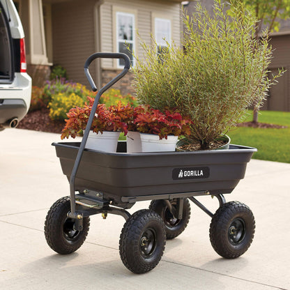 Gorilla Carts GOR4PS Poly Garden Dump Cart with Steel Frame and 10-in. Pneumatic Tires, Padded pull handle and Quick-release for easy unloading, 600-Pound Capacity, Black