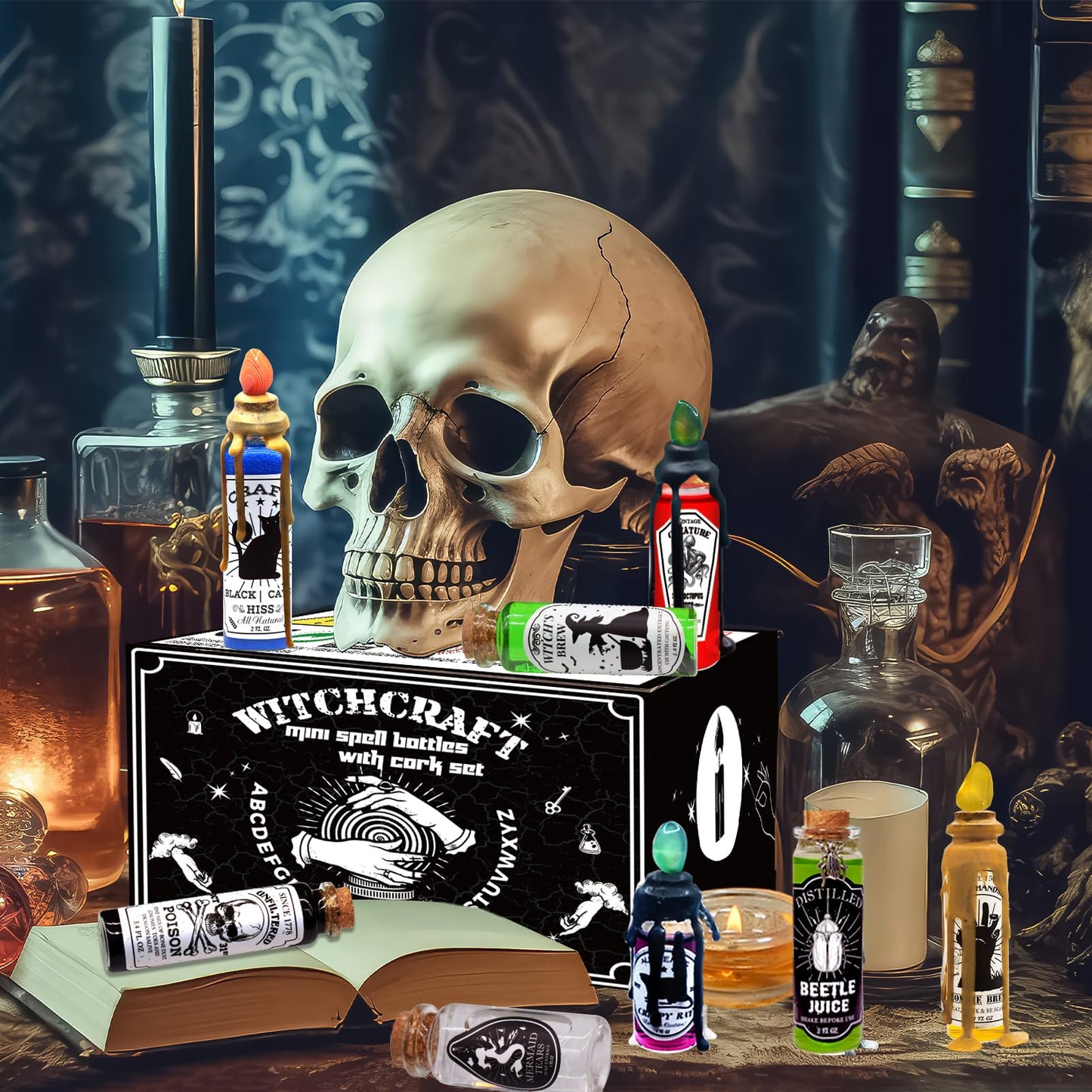 Ainswei Halloween Decorations Indoor,135Pcs Potion Bottles Halloween Decor,Witch Halloween Decorations with Stone,Apothecary Witch Lables Decoration For Home Room Party Supplies