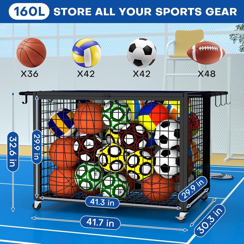 Extra Large Ball Cart Storage - Rolling Design with Lockable Wheels for Easy Transport