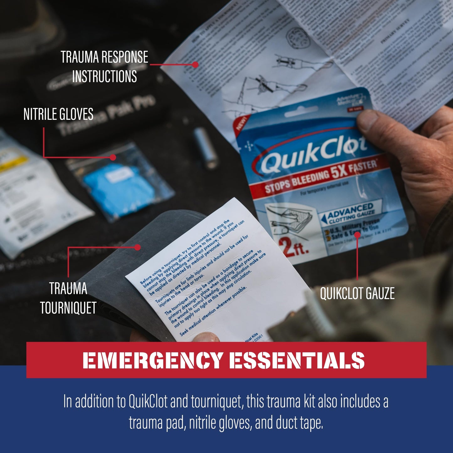 Adventure Medical Kits Trauma Pak Pro with Quikclot & Trauma Tourniquet - First Aid Emergency Kit with Tourniquet, QuikClot Flexible Gauze, Nitrile Gloves & More - Stops Bleeding Fast with Kaolin