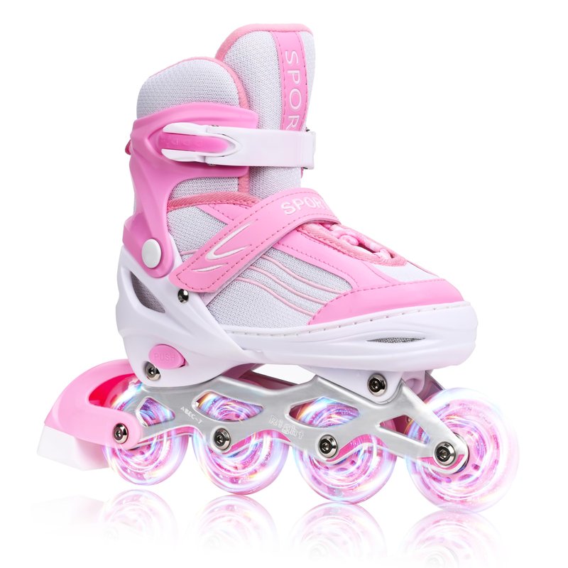 Kids Inline Skates for Girls Boys with All Wheels Illuminating, Adjuatable Mens and Womens Roller Skates Blades for Beginner in Outdoor and Indoor (Pink&White, Medium - Big Kids)