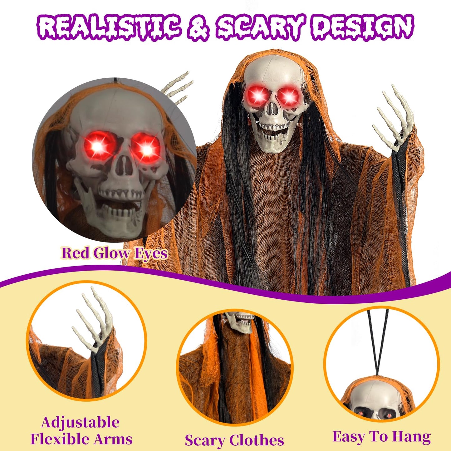 Halloween Decorations,3 Pack Halloween Hanging Skeleton Ghosts with Lighted Up Eyes,Scary Colourful Cloth Grim Reapers for Indoor,Outside Yard Lawn,Haunted House Prop,Party Supplies