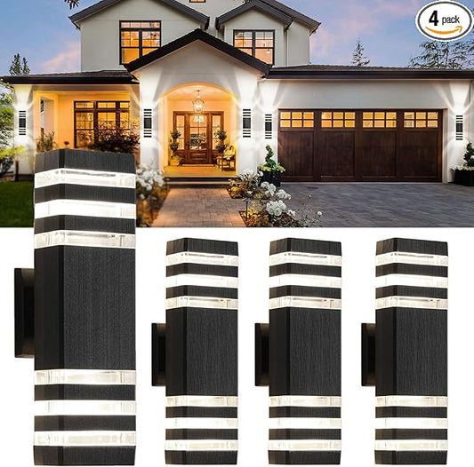 tewei 4 Pack Outdoor Wall Lights, Modern Exterior Light Fixture Wall Mount Black Outside Lights for House Waterproof Aluminum Up and Down Porch Lights Outdoor Wall for Porch Patio Garage, 3-Layer