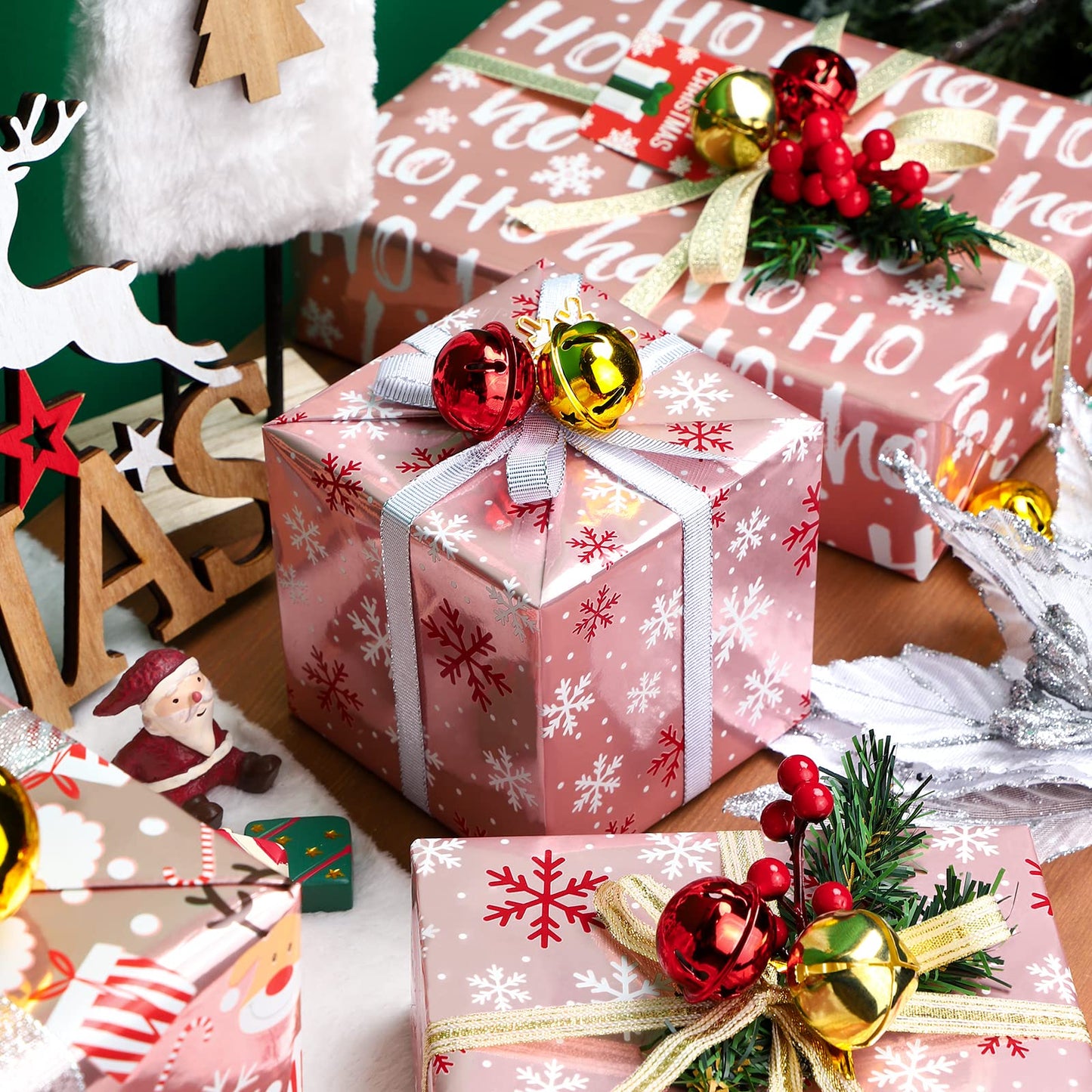 WRAPAHOLIC 30 Inch Christmas Wrapping Paper Roll - Jumbo Roll Rose Gold Santa, Snowflakes and Reindeer Holiday Collection with Metallic Foil Shine - 4 Rolls - 30 Inch x 120 Inch Per Roll