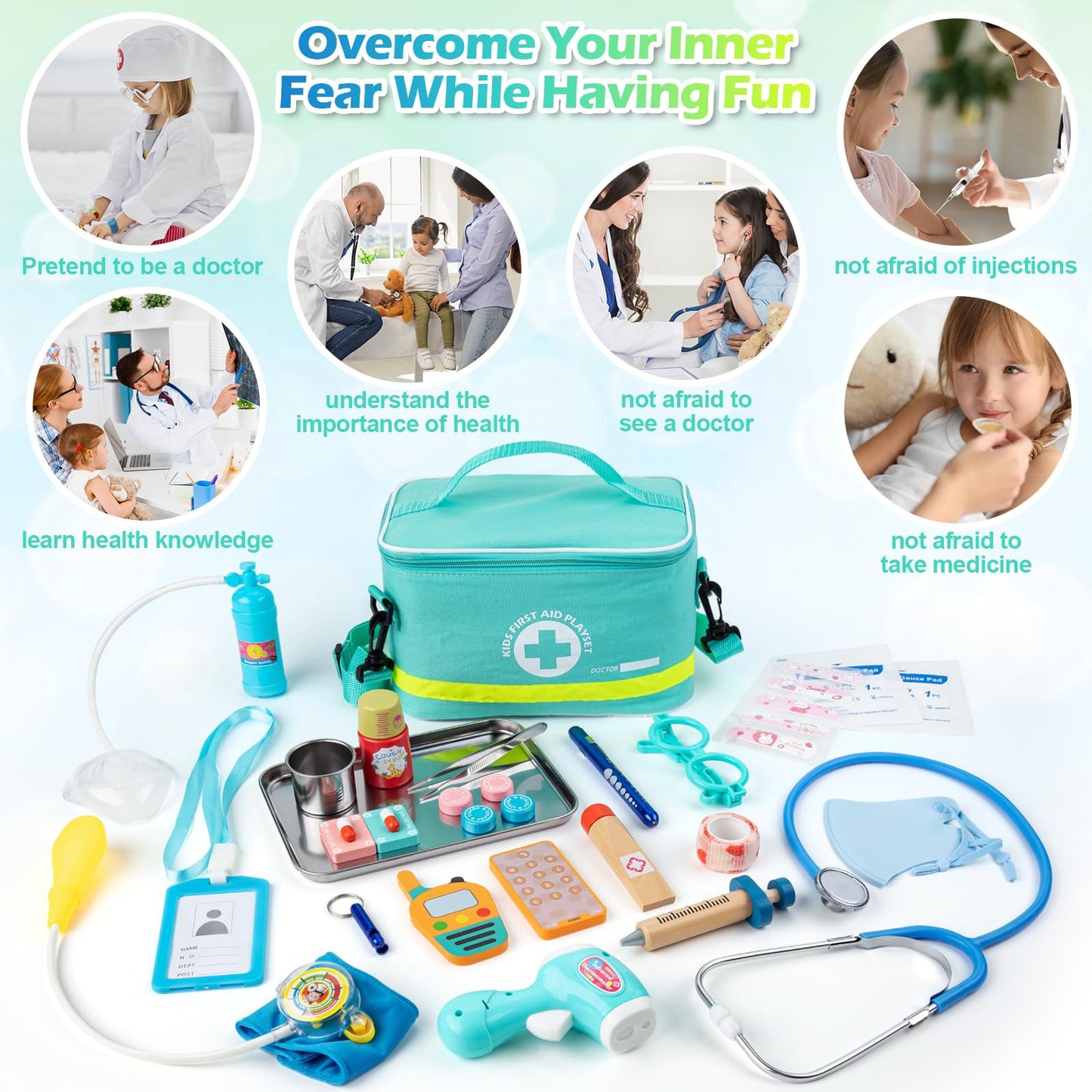 Sundaymot Kids Doctors Wooden Kit, 34 Pcs, with Real Stethoscope, Portable Doctors Bag, Pretend Role Play Medical Kit Toys for 3-6 Year Old Toddlers
