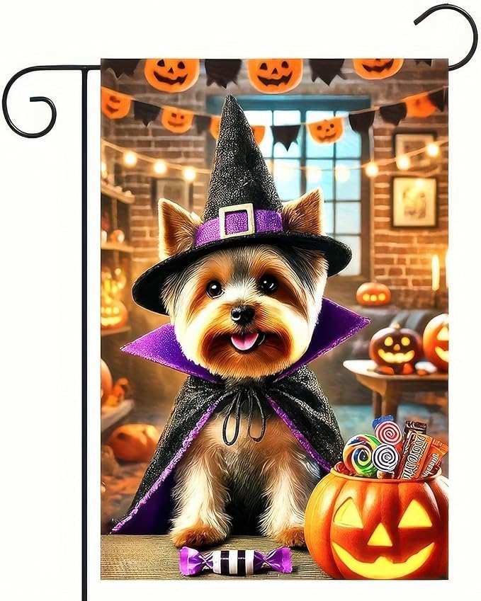Happy Halloween Puppy Garden Flag Halloween Yorkie Flag for Outside Small 12x18 Double Sided,Fall Winter Witch Hat Dog Yard Flag Patio Room Garden Home Decor