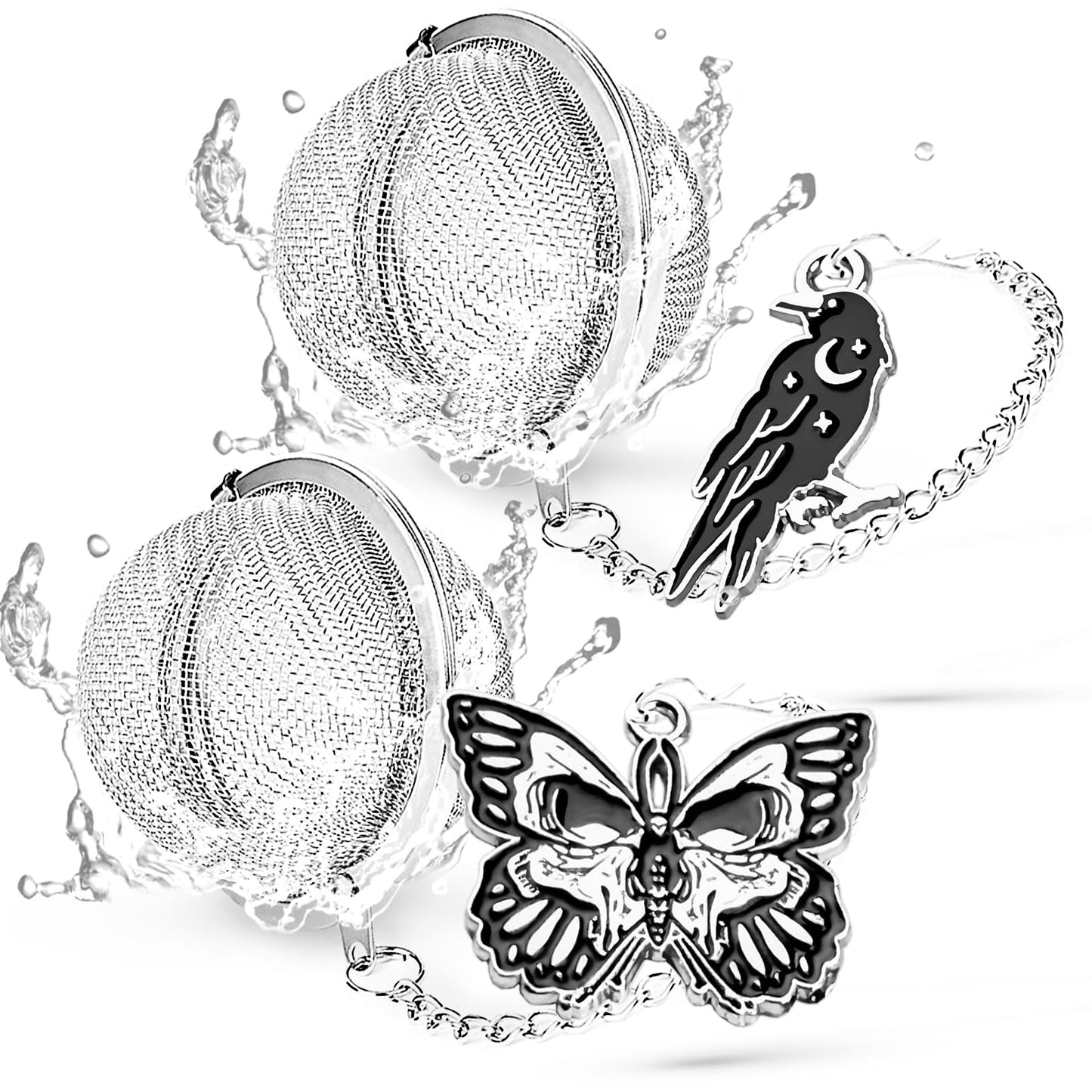 TeaSanavie 2 Pack Halloween Themed Tea Infuser - Gothic Loose Leaf Tea Steeper with Black Raven & Skull Butterfly Charm, 304 Stainless Steel, Perfect Spooky Tea Gift