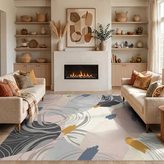Adiugt 5'x7' Washable Area Rug Large Decorative Asymmetrical Watercolor Motif Displaying Grey for Guest Room, Lounge, Apartment, Non-Slip Low Profile