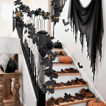 RECUTMS 5.9Ft Black Artificial Roses Flower Garland Fake Halloween Hanging Silk Floral Vines Fall Leaf Wreath for Gothic Halloween Decor Autumn Party Table Centerpiece Home Decor
