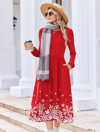 Zeagoo Fall Midi Dresses for Women 2025 Long Sleeve Flowy Dress Casual Swing Mini Dress for Beach Vacation Christmas Snow S