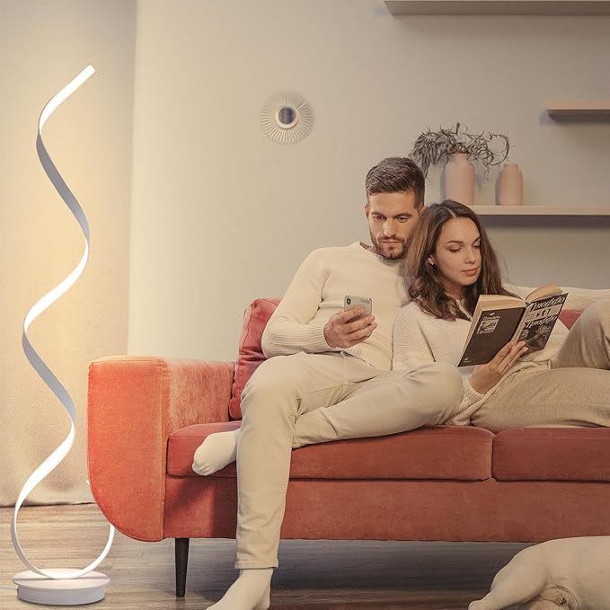 57inch Spiral LED Floor Lamp, Torchiere Super Bright Floor Lamp for Living Rooms & Offices - 3 Light Color Remote Dimmable, Tall Standing Lamp for Bedroom Reading (White)