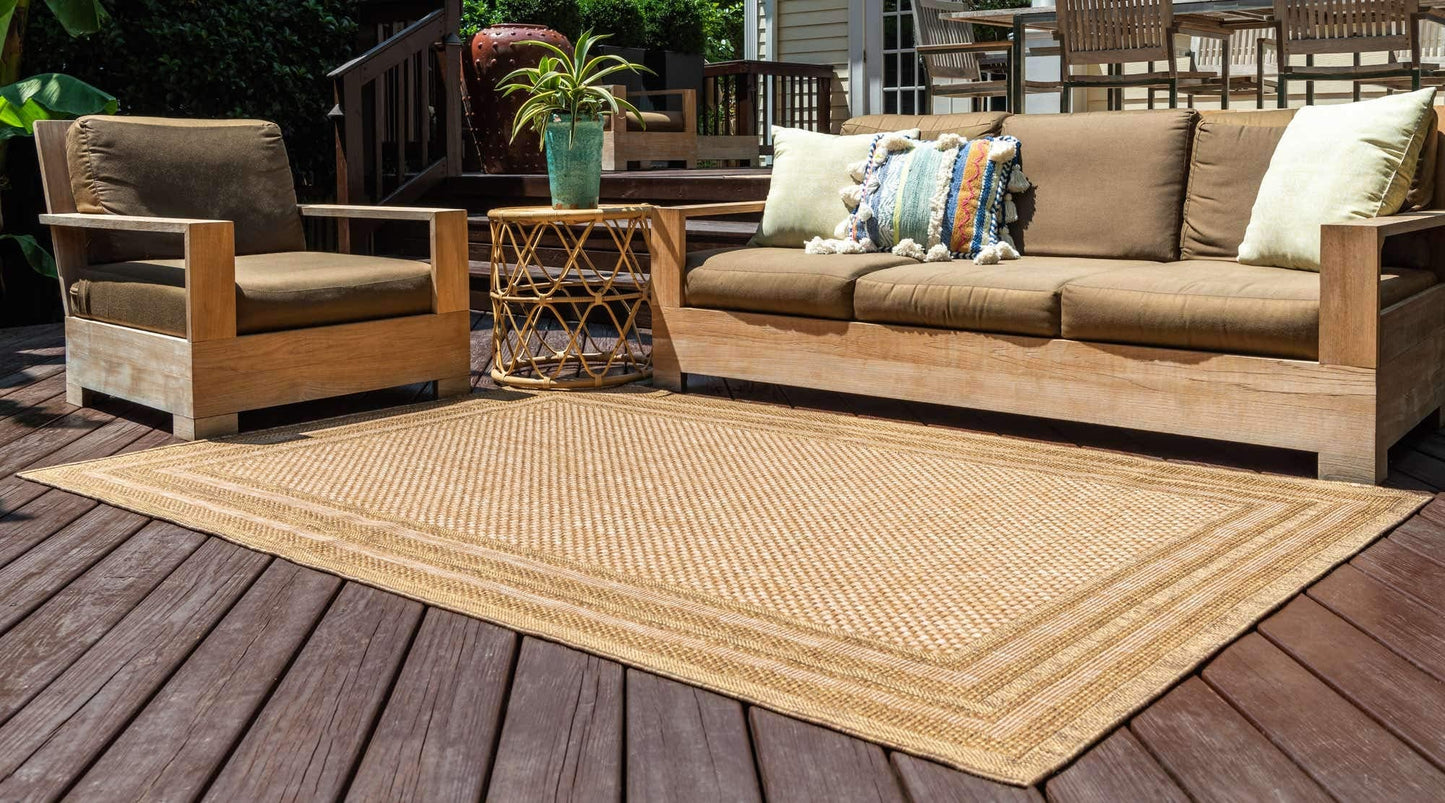 Unique Loom Outdoor Border Collection Area Rug - Multi Border (4' 1" x 6' 1" Rectangle, Tan/ Light Brown)