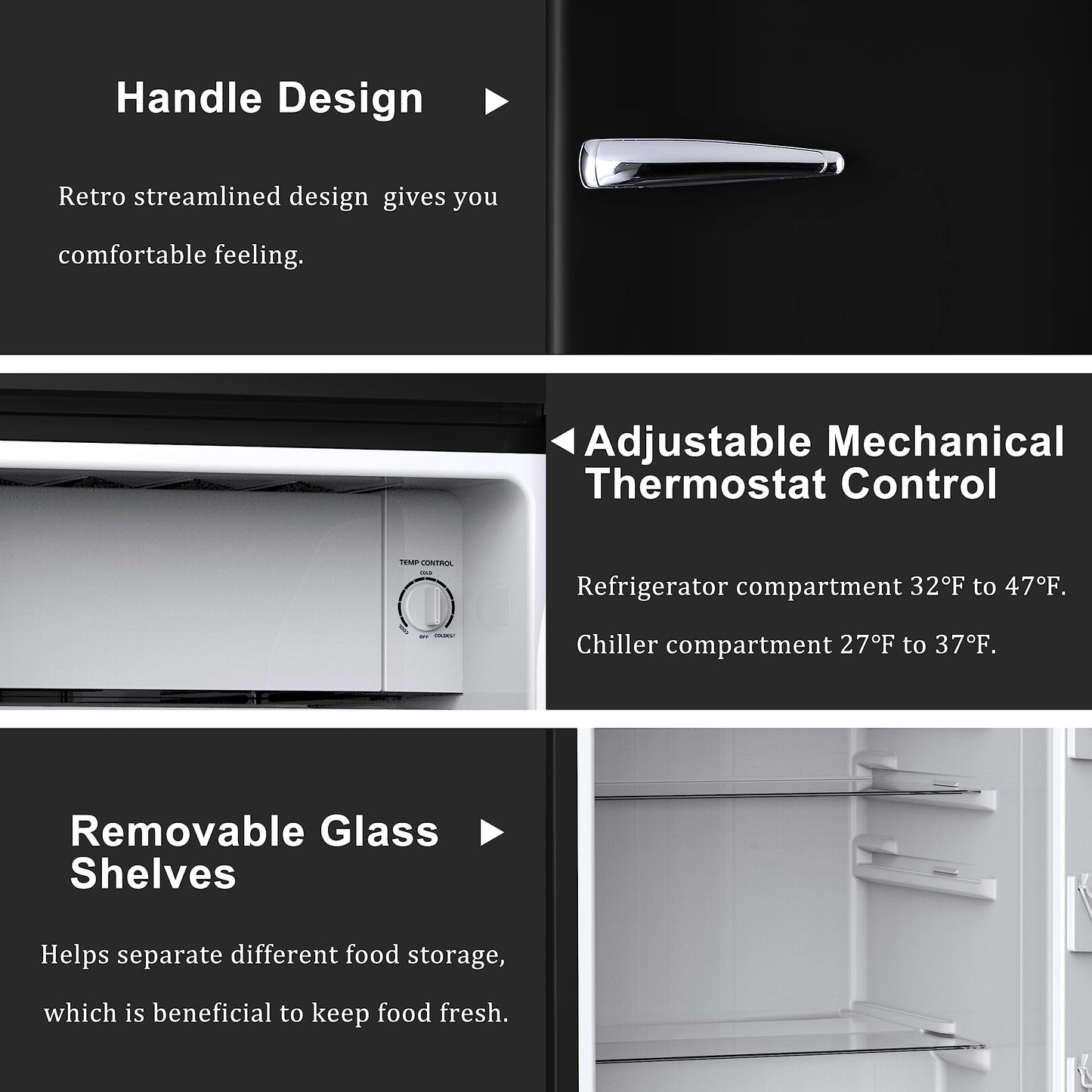 Galanz GLR25MBKR10 Retro Compact Refrigerator, Mini Fridge with Single Doors, Adjustable Mechanical Thermostat with Chiller, Black, 2.5 cu ft