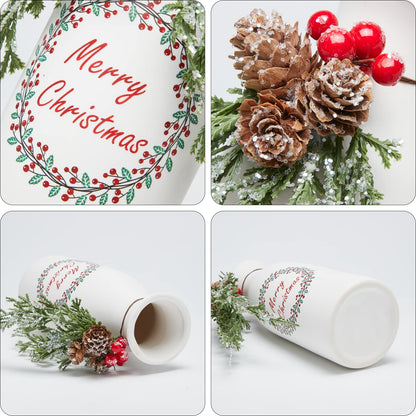 Wortour Artificial Christmas 3-Piece Set Flocked with Mixed Xmas Decorations Ceramic White Bottles