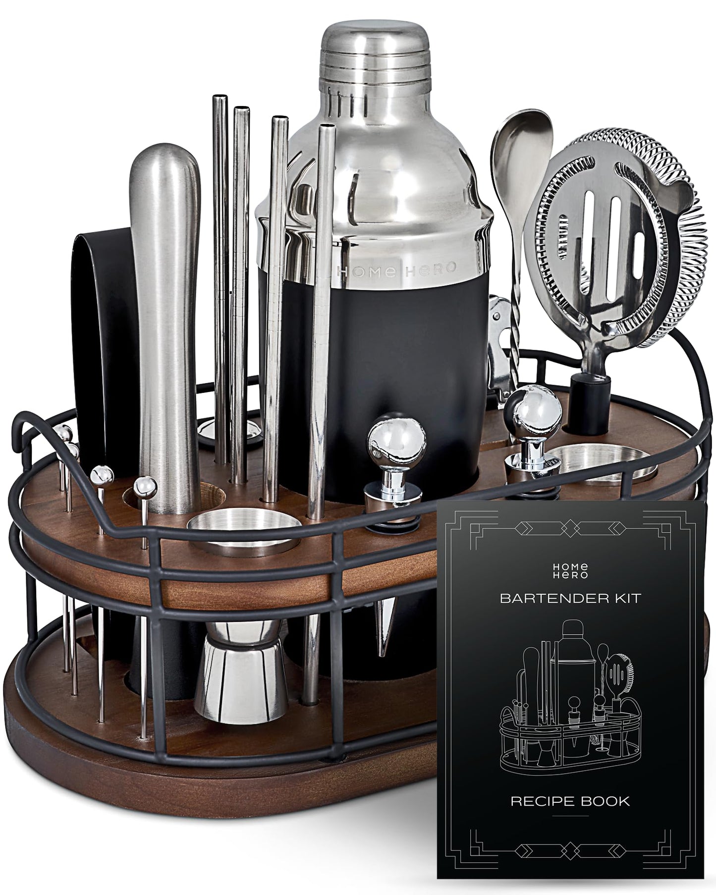 Home Hero Elegant Bartender Kit with Wooden Stand, Premium Bar Set & Cocktail Shaker, Gift for Home Bar and Cocktail Enthusiasts, Essential Bar Accessories with Recipe Book (22 Pcs - Silver)
