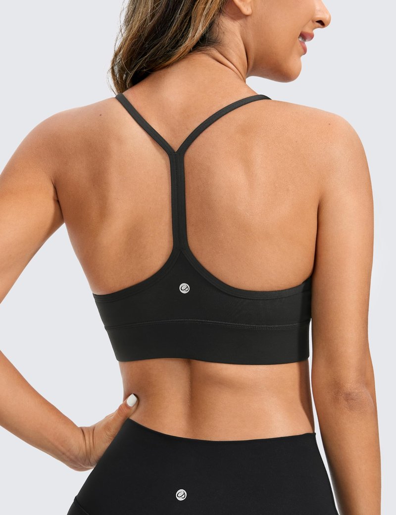 CRZ YOGA Butterluxe Womens Y-Back Racerback Sports Bra - Spaghetti Straps Wireless Scoop Neck Athletic Padded Yoga Tops Black Medium