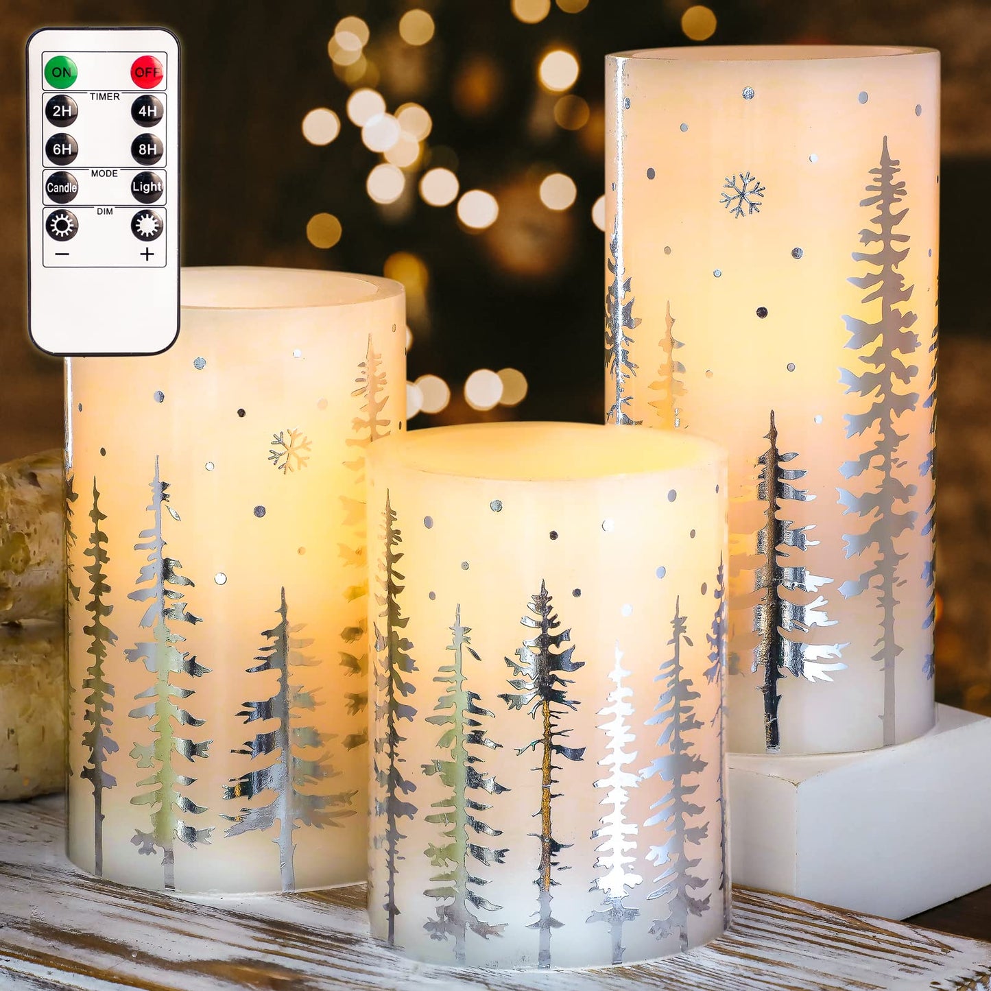 FLAVCHARM Christmas Flameless Candles, Battery Operated, Hot Stamping Silver Xmas Tree LED Flickering Candles with Remote and Timer, Holiday Decorative Pillar for Xmas, Party, Bedroom