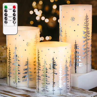 FLAVCHARM Christmas Flameless Candles, Battery Operated, Hot Stamping Silver Xmas Tree LED Flickering Candles with Remote and Timer, Holiday Decorative Pillar for Xmas, Party, Bedroom