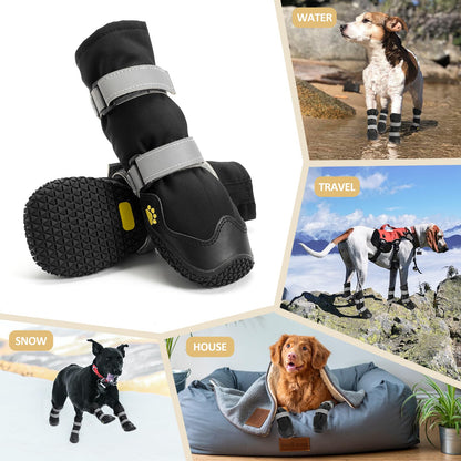 Anti-Slip Dog Shoes with Reflective Straps, High Dog Boots Waterproof, Wear-resistant Leather Rubber Sole Dogs Paw Protector for Small Medium Large Dogs 4 Pcs(L, Black)