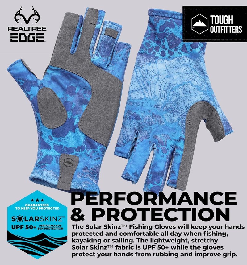 Tough Outdoors UPF 50+ Fishing Gloves - Sun Protection Kayaking Gloves for Men & Women - Lightweight Fingerless SPF Gloves for Watersports - Navy Blue