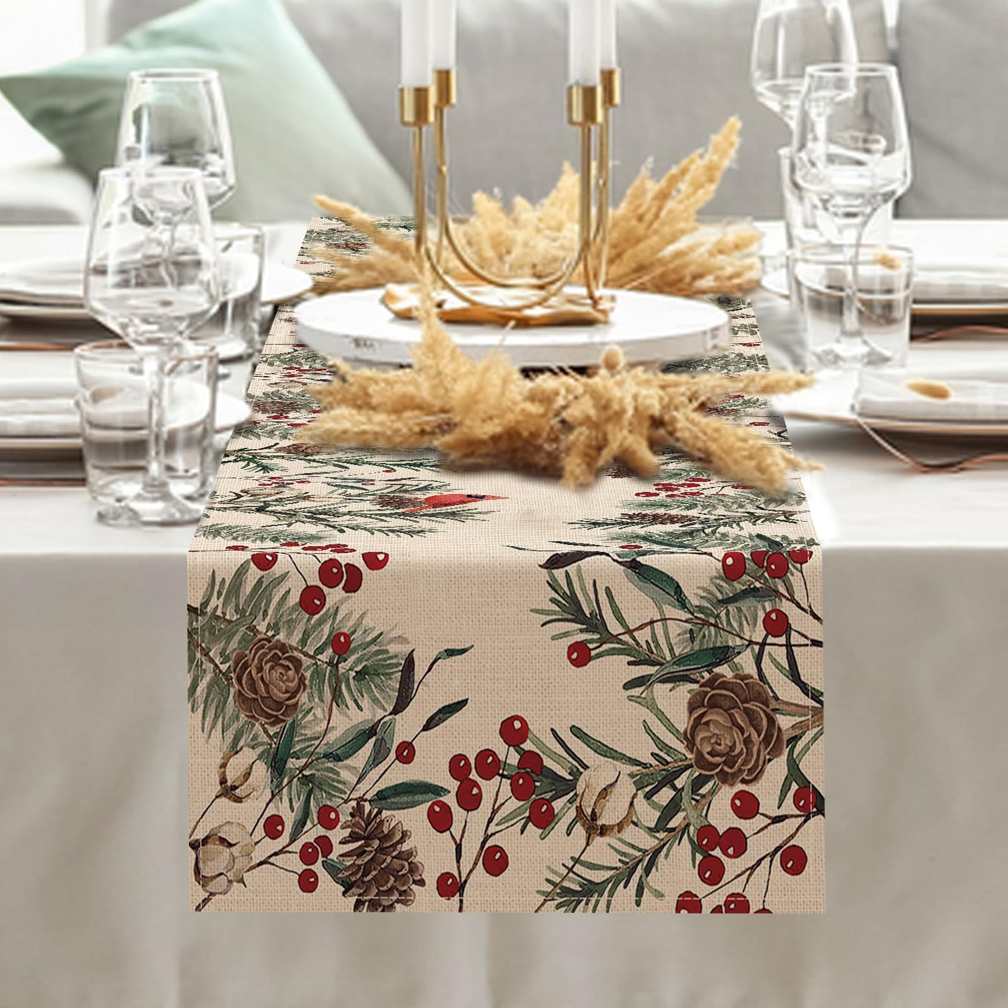 Seliem Winter Pine Needle Branches Table Runner, Pine Cone Cardinal Red Birds Berry Farmhouse Kitchen Dining Table Decor, Christmas Holiday Home Decoration Indoor Outdoor Party Supply 13 x 72 Inches