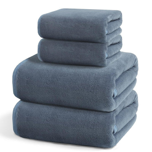 Exclusivo Mezcla 4-Piece Ultra Soft Bath Towel Set, Large Highly Absorbent Microfiber Coral Velvet Towel, Quick Drying for Body, Bathroom, Gym, Spa, 2 Bath Towels, 2 Hand Towels, Grey Blue