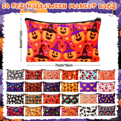SilTriangle 24 Pieces Makeup Bags Bulk Canvas Cosmetic Bags Purse Organizer Zipper Cosmetic Pouch Portable Travel Toiletry Pouch for Women Men Gifts, 7 x 4 Inch (Halloween)