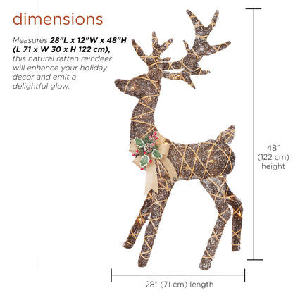 Alpine Corporation 48" Tall Outdoor Rattan Twig Grazing Reindeer Christmas Yard Decor with 80 Warm White LED Lights, Brown