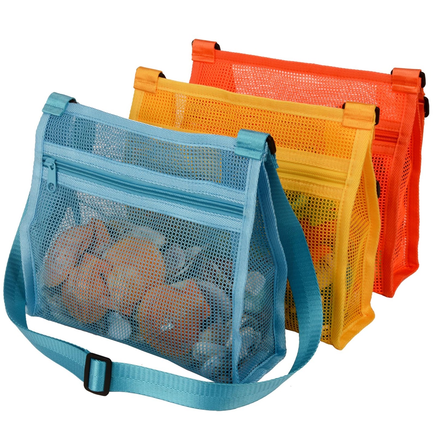 MUYIZI Mesh Beach Bag for Shells Collecting 3 Pack,Shell Bags for Beach, Beach Shell Bag for Kids, Sea Shell Bags for Picking Up Shells, Sand Toys Swimming Accessories for Boys and Girls