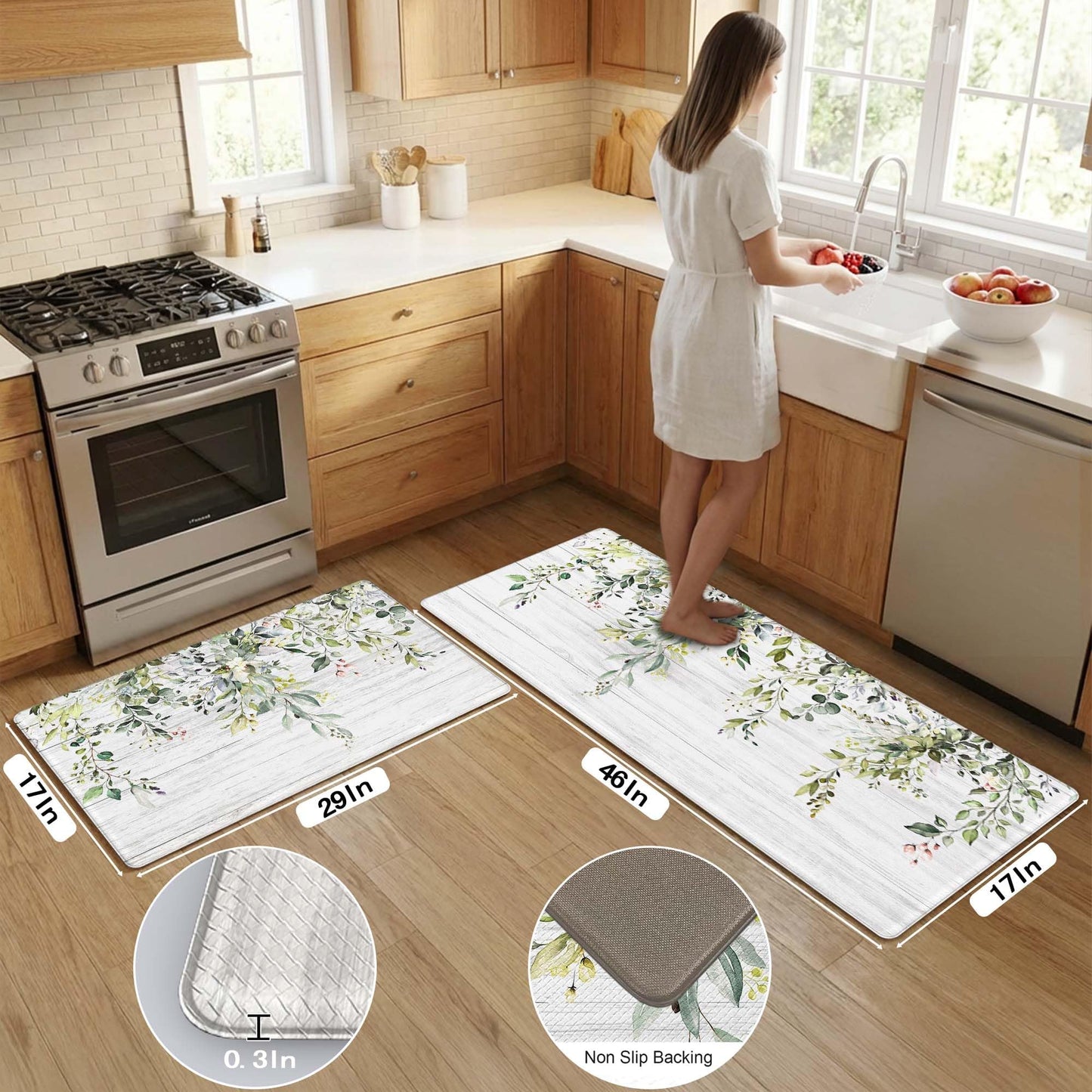 Zussun Kitchen Rug Mats for Floor Cushioned Anti Fatigue Green Eucalyptus Kitchen Rugs Sets of 2 Farmhouse Non Slip Waterproof Comfort Memory Foam Standing Floor Mat for Office Laundry Sink Desk