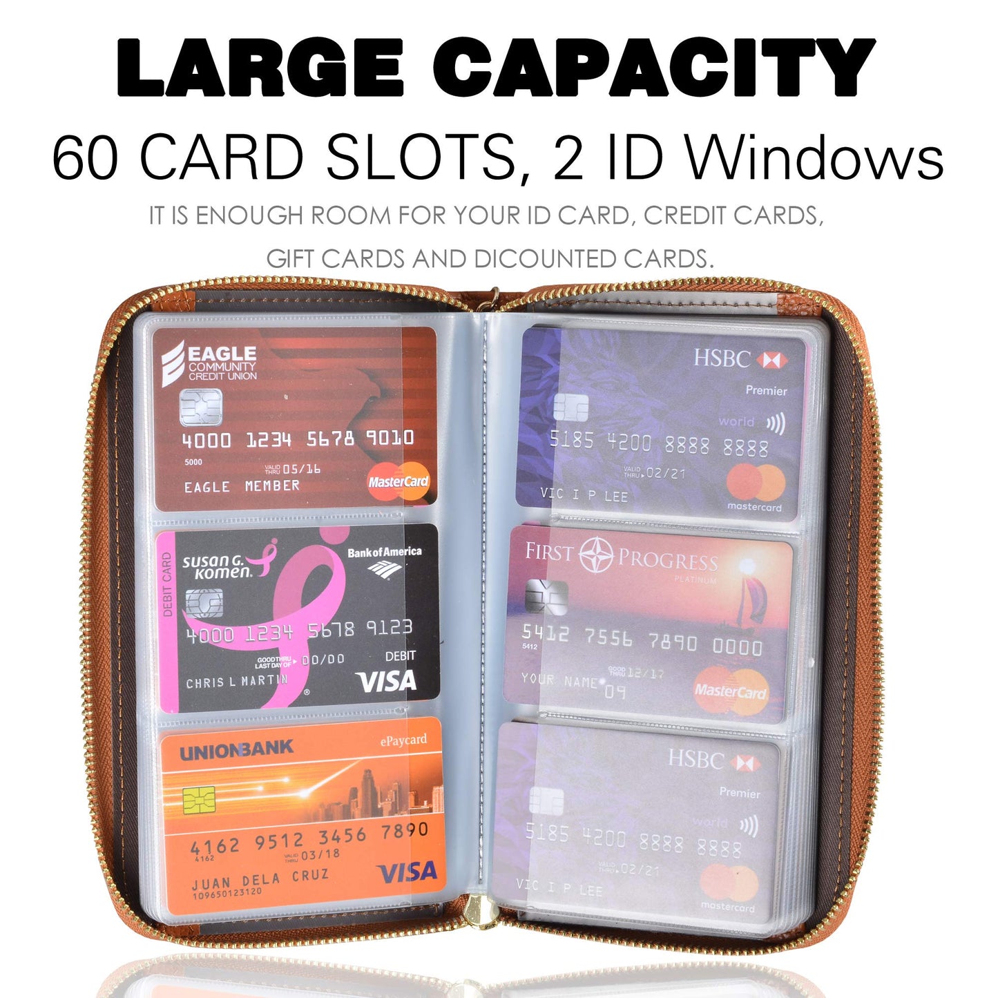 Easyoulife Credit Card Holder Wallet Womens Zipper Leather Case Purse RFID Blocking (Brown)