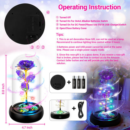 Childom Valentines Day Rose Gifts for Her,Birthday Gifts for Women Mom Mothers Day,Flowers for Delivery Prime,Rotating Purple Light Up Rose in A Glass Dome,Anniversary Valentines Rose Gift for Wife