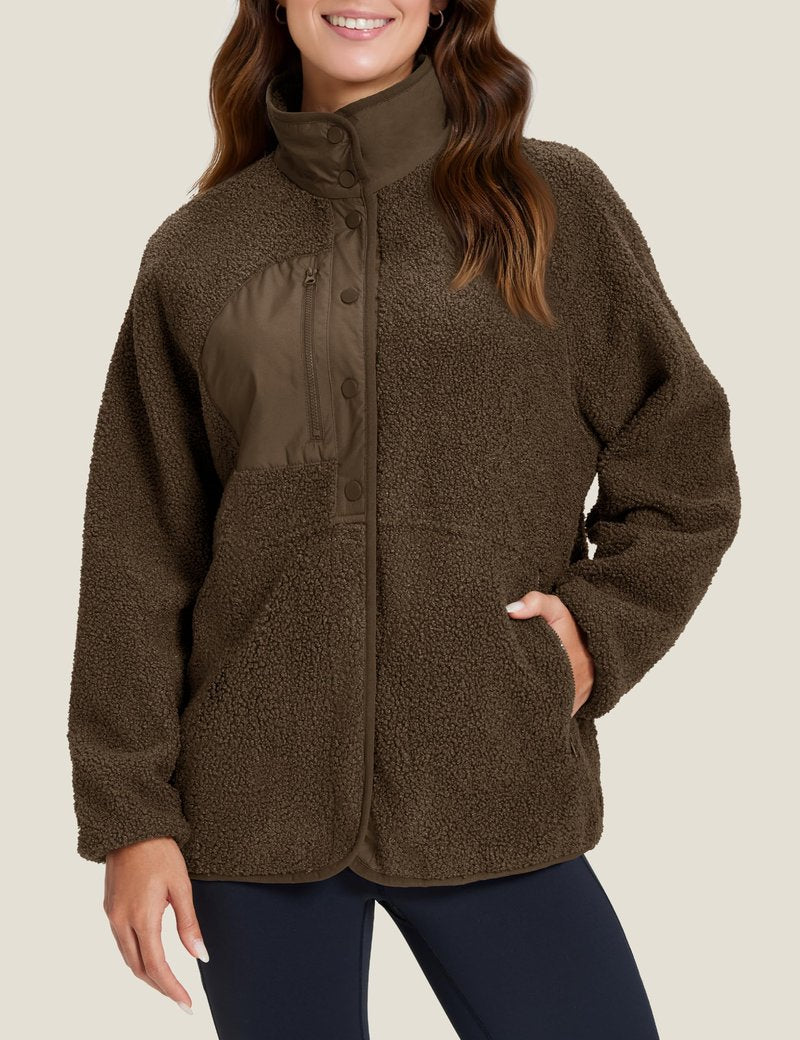 MAGCOMSEN Fuzzy Fleece Jackets Women Button Down Fleece Lined Coat Winter Warm Casual Outwear with Pockets Brown XL