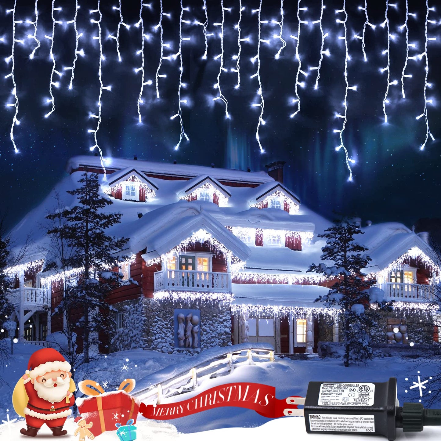 JMEXSUSS 400 LED White Christmas Icicle Lights, 38.8ft Connectable Icicle Lights for Outside Outdoor Indoor Plug in, String Light for House Patio Party Room Holiday Christmas Decorations