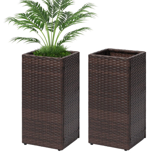 LEWIS&WAYNE Set of 2 Tall Planters for Outdoor Plants Handmade 24'' Wicker Tall Square Planter Box with Removable Liners Modern Planter for Indoor Outdoor Garden Patio Front Porch - Brown