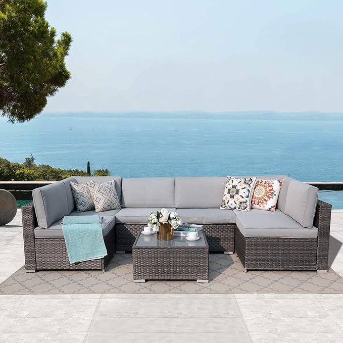 Patiorama 7 Pieces Outdoor Patio Furniture Set, All Weather Grey PE Wicker Rattan Sectional Conversation Set, Porch Garden W/Built-in Glass Table, Seat Clips, Light Grey Cushions