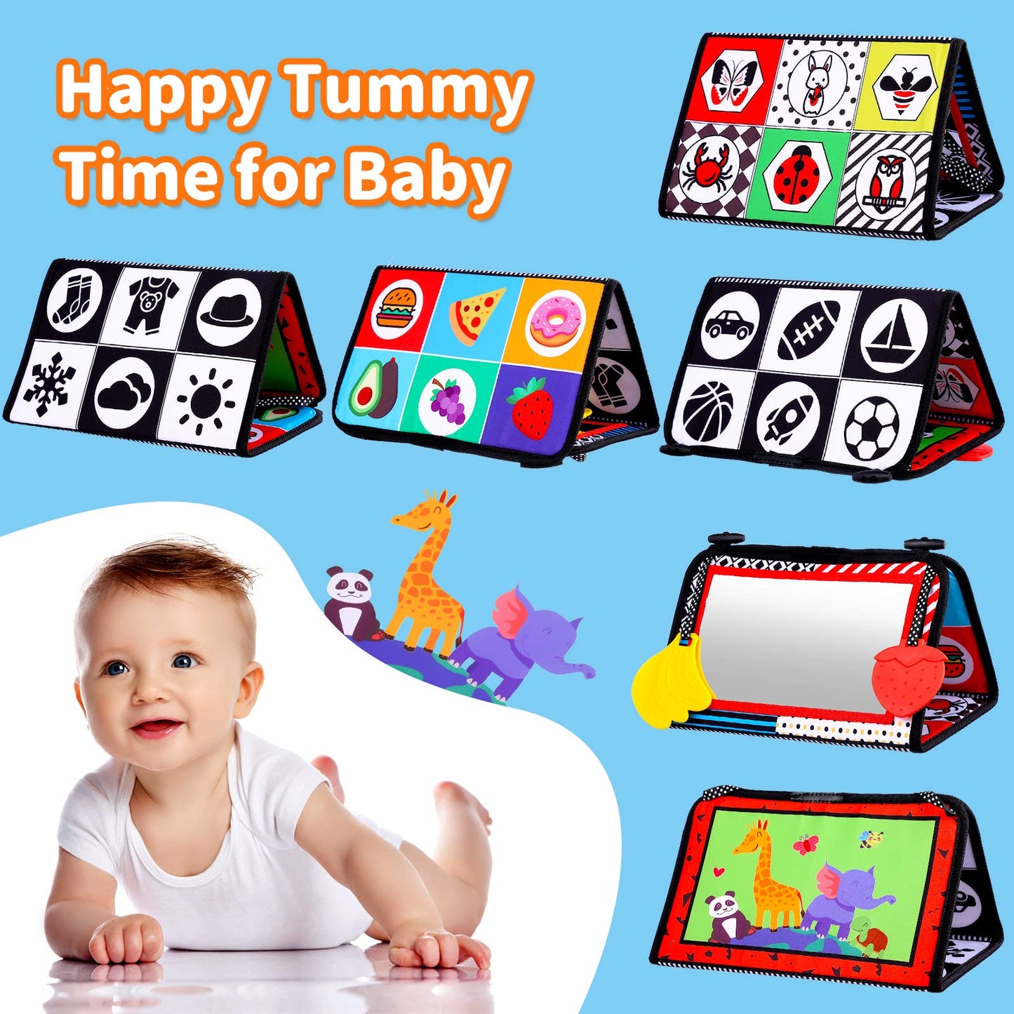 Baby Mirror Tummy Time Toys 0-3 3-6 Months Sensory Crinkle Baby Books Black and White High Contrast Baby Toys for Newborn Infant Montessori Car Seat Toys 0-6 Month Boy Girl Easter Basket Stuffers Gift