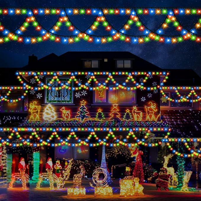 KAZOKU Christmas Lights Outdoor Indoor 40FT 380 LED Waterproof Christmas Tree Lights 8Modes Extendable Xmas Semicircle String Lights for Christmas Home Roof Eaves Garden Patio Yard Decor(Multicolor)