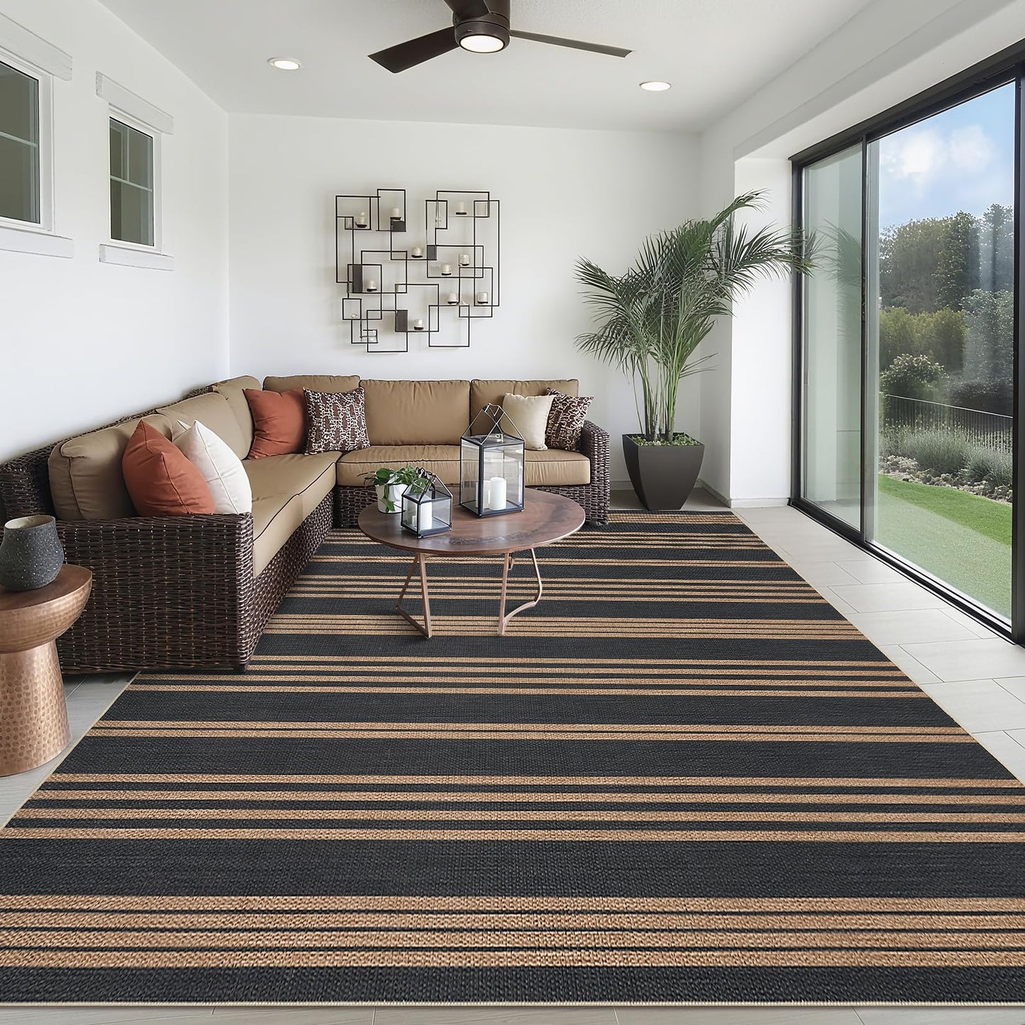 GAOMON 8x10 Outdoor Rug for Patio Easy Jute Rug for Living Room Classroom Office Modern Striped Bedroom Rugs Stain Resistant Indoor Outdoor Area Rug for Dining Room Balcony Black and Brown