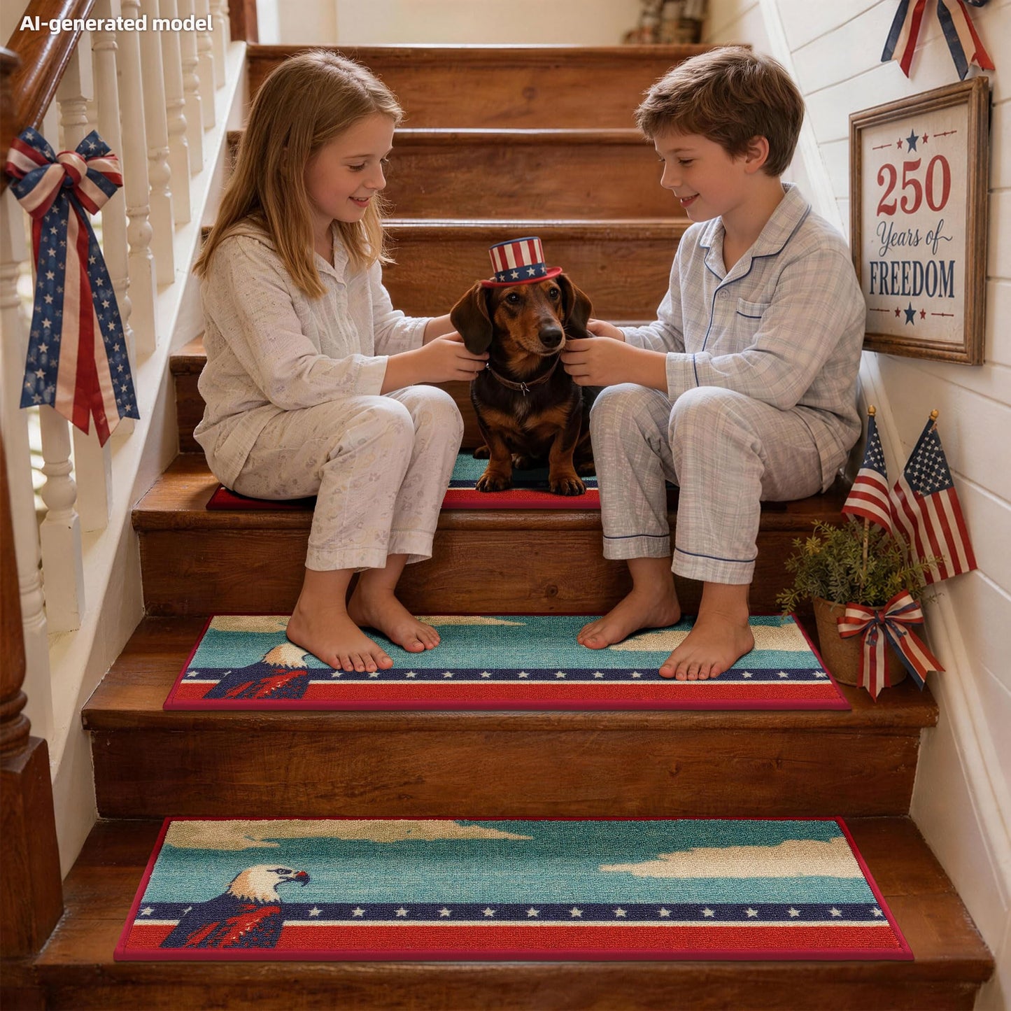 250th Anniversary Stair Treads for Wooden Steps Non Slip 8x30, Stair Carpet Treads with Patented TPE Grip, Machine Washable Stair Pads for Wood Stairs Indoor, Blad Eagle Pattern, 4 Pack