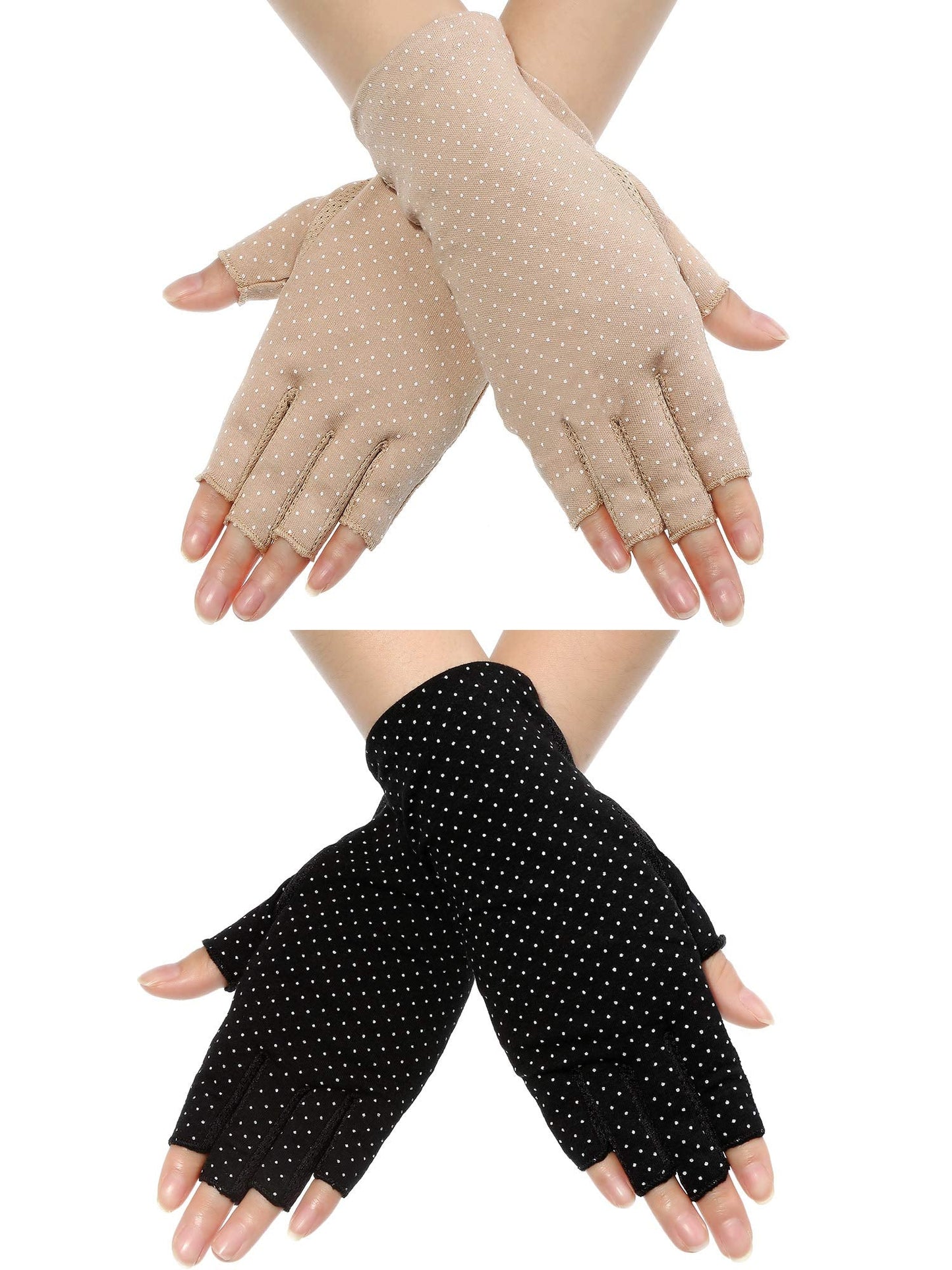 Maxdot Sun Gloves for Women UV Protection Fingerless Non Slip sunscreen Driving Gloves for Summer Outdoor(2 Pairs,Black and Khaki)