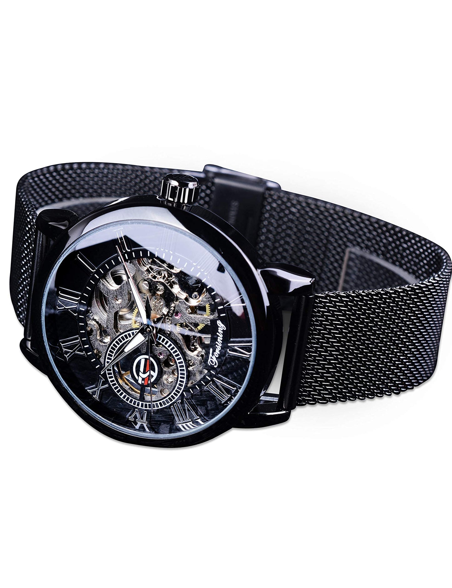 FORSINING Black Mechanical Watch for Men Minimalist Retro Design Staempunk Mechanical Skeleton Wrist Watch Transparent Business Mesh Band Watch